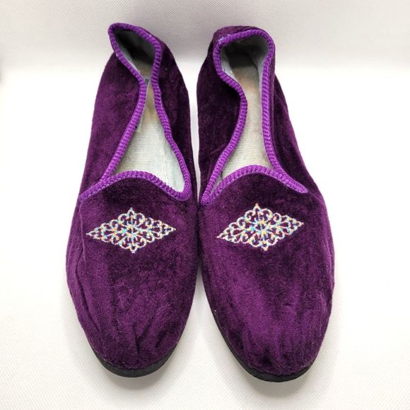 Foamtreads Purple Velvet Embroidered Slippers Vintage Hard Bottom Soft Shell - Picture 2 of 9